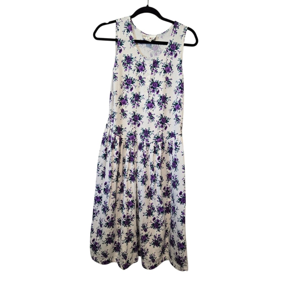 Vintage 80s 90s Floral Drop Waist Dress Womens S Purple Fairy Grunge Cottage
